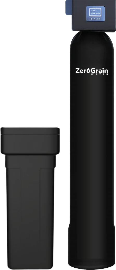 Tall black softener tank capped by a digital control valve, standing beside a shorter black brine tank